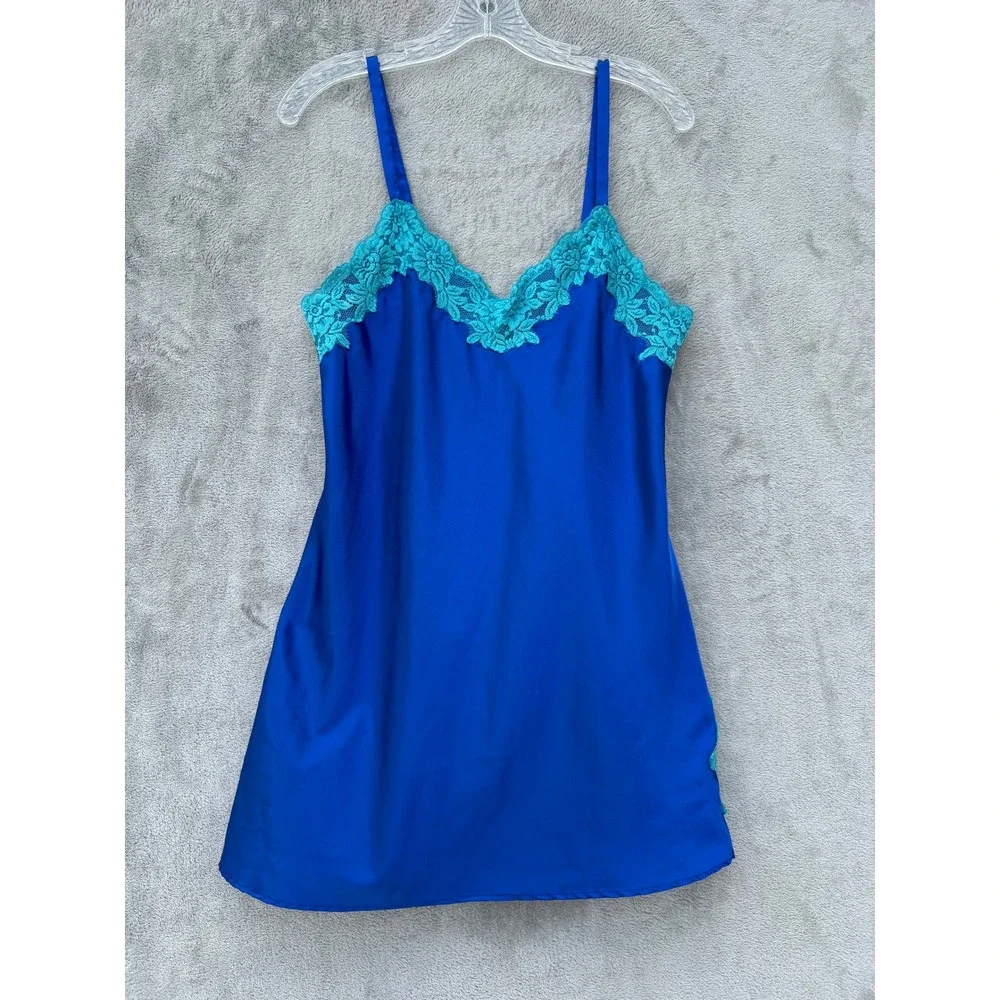 Vintage Satin Slip Dress Small Blue Turquoise Lace Trim Y2K Coquette Jones NY - Picture 10 of 10